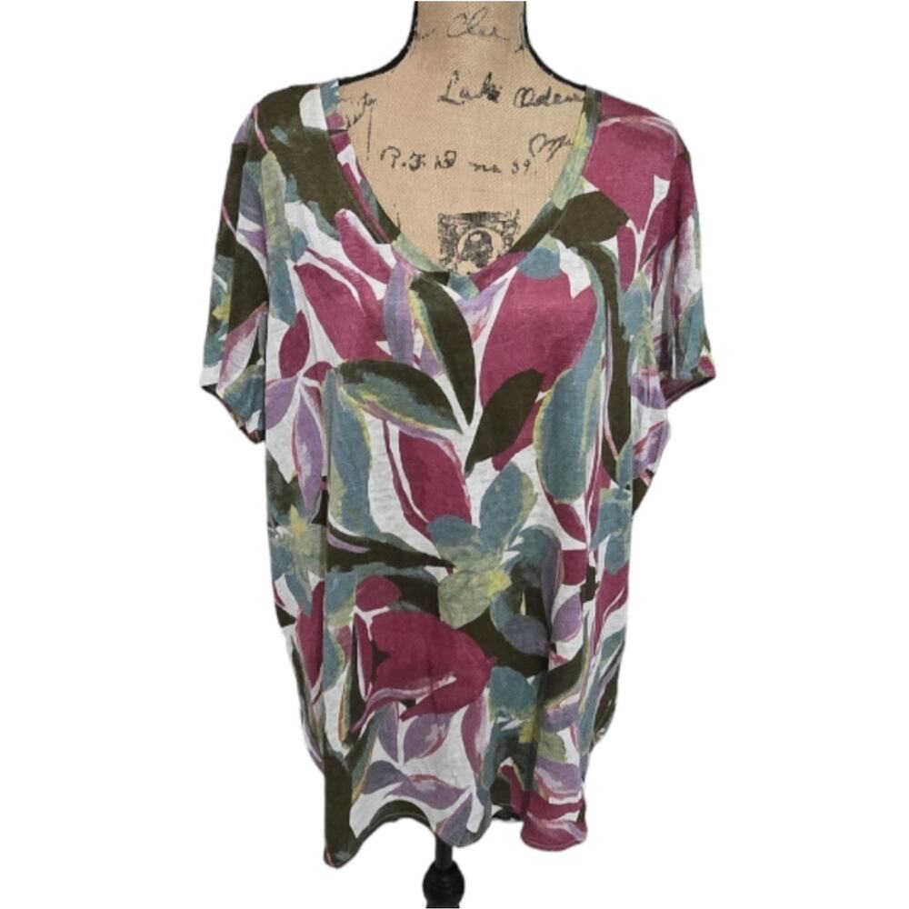 Tahari 100% Linen Floral Tropical Long‎ Tee Shirt Plus Size 2X New